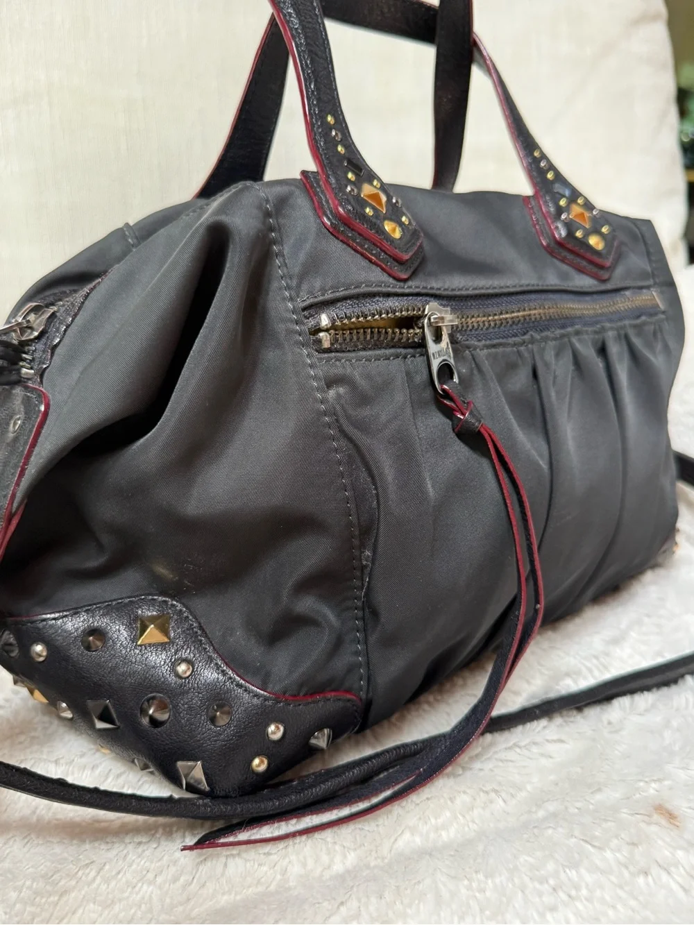 MZ Wallace Vintage Bedford Nylon Studded Satchel Crossbody Bag - Black
